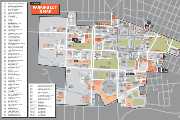 Map of parking lots with list of lot numbers and names